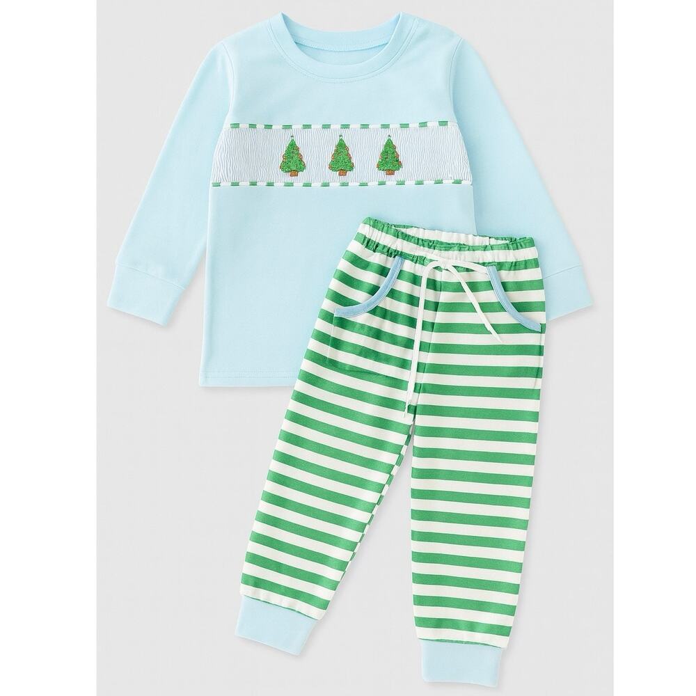 NEW Abby & Evie Kids Christmas Smocked Outfit Set Green Stripe Pants‎ Pockets